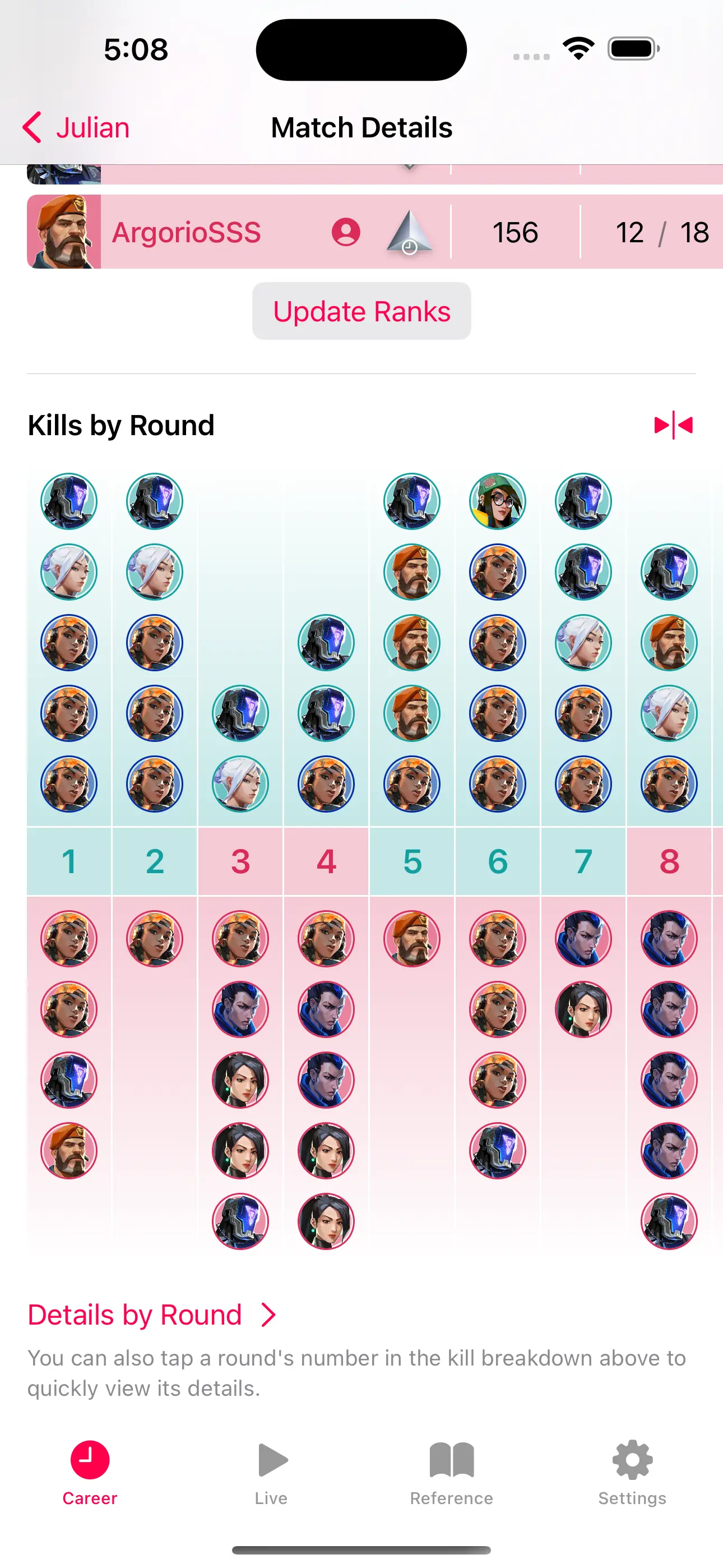 an overview of players' kills by round